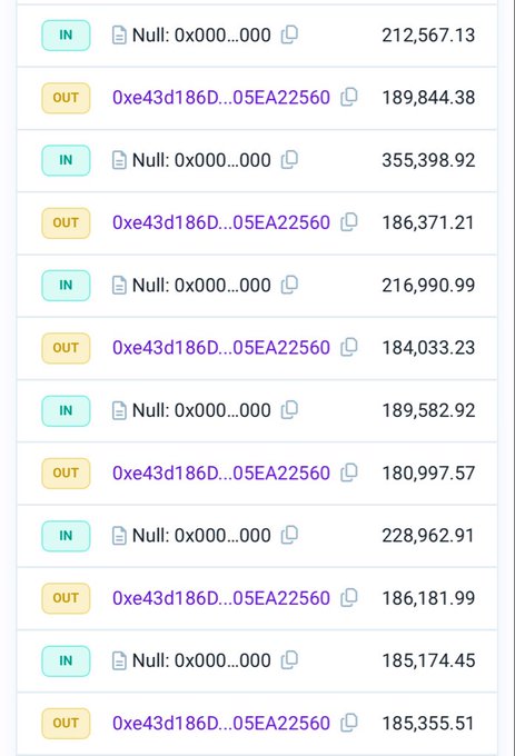 A cryptocurrency transaction history displays a series of IN and OUT transfers, showing large sums like 355,398.92 IN and 189,844.38 OUT involving a contract address.