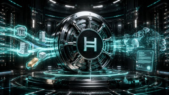 A futuristic, sci-fi style image featuring a large metallic vault door with a glowing teal 'H' symbol at its center, surrounded by digital data streams, building icons, and gold bars in a high-tech facility.