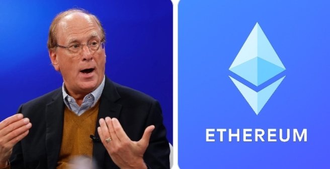 The image features a man in a dark blazer and yellow sweater gesturing while speaking, alongside the Ethereum logo and the text "ETHEREUM" displayed on a blue background, visually reinforcing the post's message of significant BlackRock institutional investment ($146.44 million) in ETH.