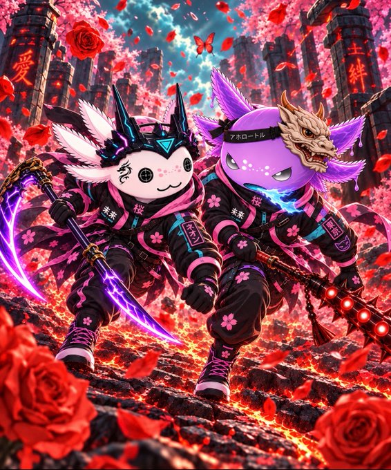 Two anime-style ninja characters—one a white cat-like creature wielding a glowing purple scythe and the other a purple octopus-like creature with a dragon head—stand on a stone staircase surrounded by falling red rose petals and cherry blossoms.