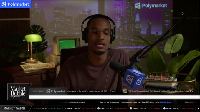 A man wearing headphones speaks into a microphone during a 'Market Bubble' podcast presented by Polymarket, with a ticker showing market data and the sign-up code BUBBLE20.