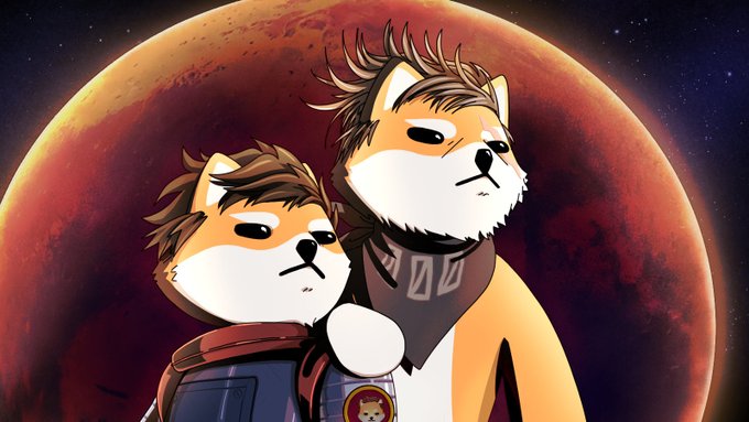 Two anthropomorphic Shiba Inu characters stand together against a backdrop of a large red planet, with the larger dog wearing a bandana and the smaller one in a space suit with a mission patch, evoking the post's "You are meant for Mars" theme of destiny and interplanetary exploration.