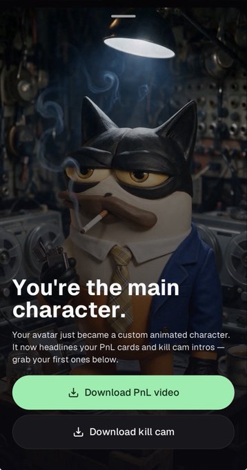 A mobile app screen featuring an animated duck character in a suit and mask with a cigarette, with text 'You're the main character' and buttons to download PnL video and kill cam.