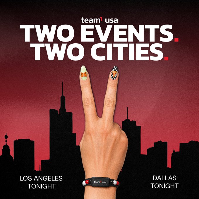 A Team USA promotional poster titled 'TWO EVENTS. TWO CITIES.' featuring a hand with city-skyline nail art making a peace sign, advertising events in Los Angeles and Dallas tonight.