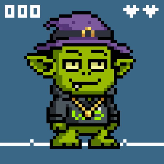 A pixel art illustration shows a green-skinned goblin or orc character wearing a purple witch's hat and dark robes with a beaded necklace, displayed on a game-like screen with "000" counter in the top-left corner and "+++" in the top-right. The scene evokes a quirky, Halloween-themed "GM" (good morning) greeting that fits with the celebratory, crypto-tweet tone of wishing "Happy Wednesday."