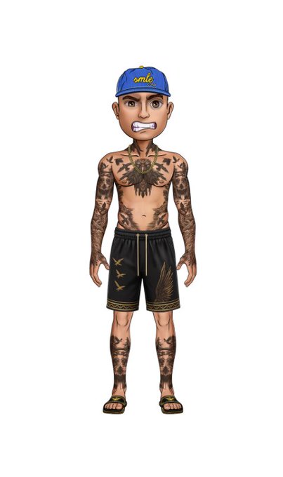 A cartoon avatar of a tattooed man wearing a blue "smile" cap, black shorts with gold accents, and sandals stands shirtless, matching the playful, welcoming vibe of the "The People have arrived" message about joining the OthersideMeta community.
