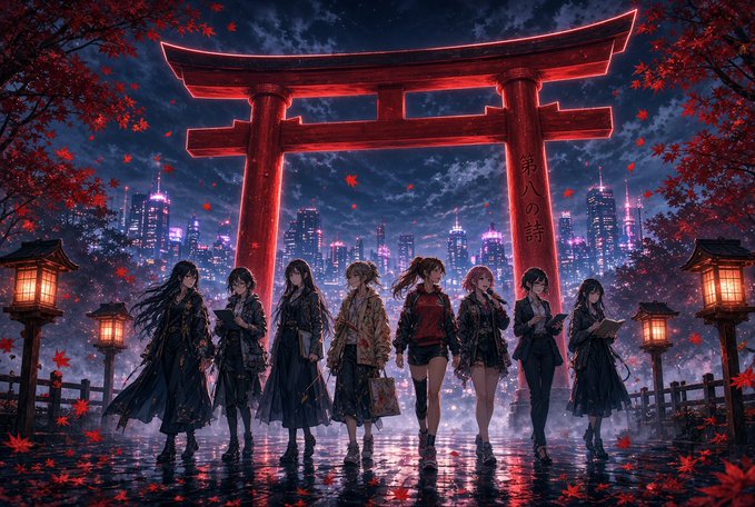 An anime-style illustration depicts a group of female characters standing beneath a large red torii gate with Japanese characters, set against a nighttime cityscape with red leaves and traditional lanterns.