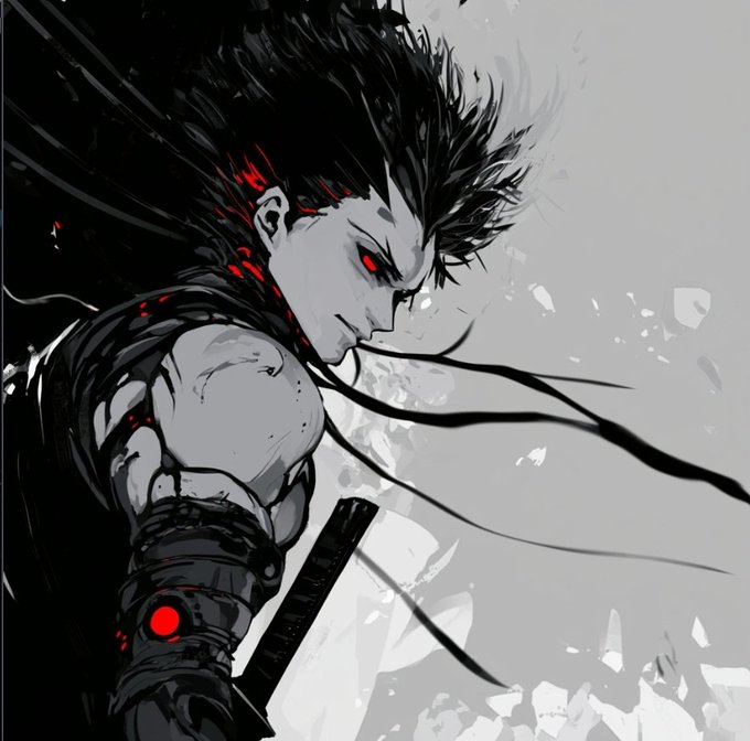 A stylized anime-style illustration of a dark warrior with spiky black hair, glowing red eyes, and a muscular arm with a red circular emblem, wielding a sword against a gray and black background.