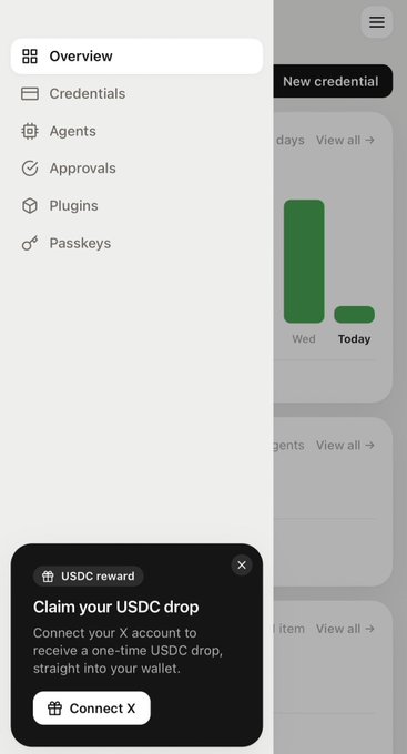 A mobile app interface showing an Overview menu with options like Credentials, Agents, Approvals, Plugins, and Passkeys, alongside a bar chart and a 'Claim your USDC drop' popup.