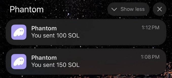 A mobile notification panel displays two recent Phantom wallet transactions: "You sent 150 SOL" at 1:08 PM and "You sent 100 SOL" at 1:12 PM. The image serves as proof of generosity to accompany the post's request to drop Solana wallets for a surprise giveaway.