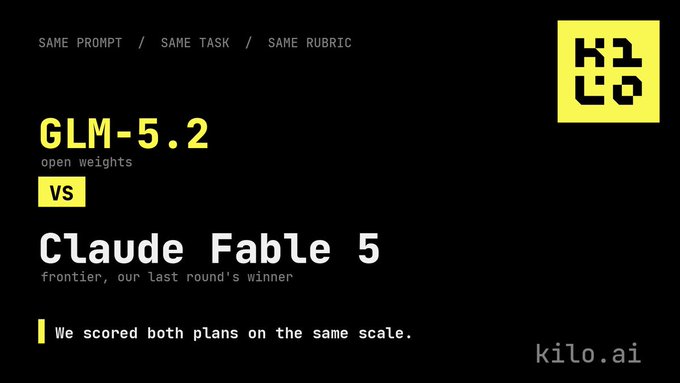 The image features a black background with white text. The title of the image reads "Whoa. GLM 5.2 benchmarks just about the same as Fable. This shows what a powerful model GLM 5.2 is, and also that you really shouldn' t miss Fable that much, it wasn' some insane step forward." Below this title, there are two lines of text: "GLM-5.2 vs. Fable 5" and "we scored both plans on the same scale." The image also includes a logo for Klado AI in the bottom right corner.