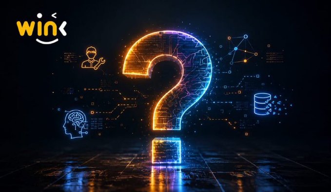 A large neon question mark surrounded by AI-themed icons (a brain, a database, a technician, and neural networks) is displayed with the "WINK" logo in the top-left corner, symbolizing the unresolved questions surrounding AI's reliance on external data sources for decentralized applications.