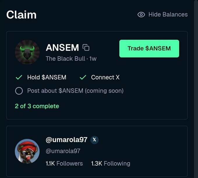 Dark-themed 'Claim' interface showing progress for the $ANSEM token ('The Black Bull, 1w') with two of three tasks completed (Hold $ANSEM and Connect X), plus a profile card for @umarola97 with 1.1K followers.