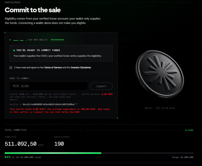 Dark-themed cryptocurrency website interface titled 'Commit to the sale' for Sonar, showing wallet connection via 0xX Wallet with USDC commitment functionality and a progress bar at 51% ($511,092.50 of $1,000,000).