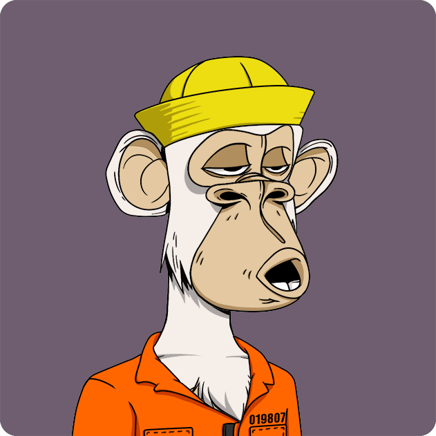 A cartoon illustration of a Bored Ape-style monkey character wearing a yellow cap and orange prison jumpsuit with the number '019807' on it.