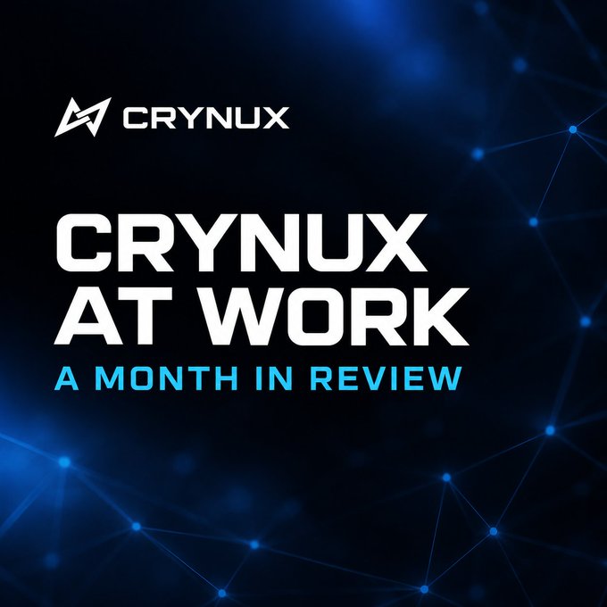 A promotional graphic with the Crynux logo and text reading 'CRYNUX AT WORK - A MONTH IN REVIEW' on a dark blue background with a network node pattern.