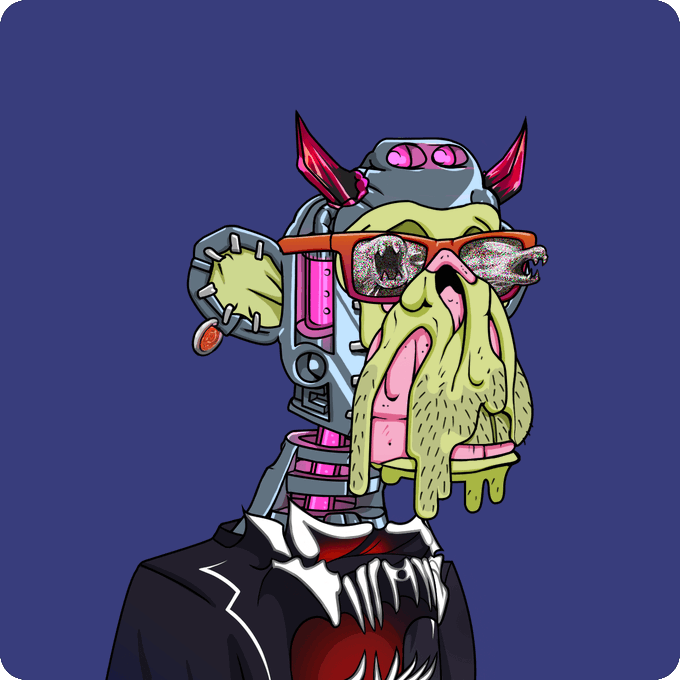 A surreal cartoon illustration of a grotesque green-skinned zombie-like character wearing red glasses and a spiked jacket, with mechanical/cyborg elements and pink horns on a dark blue background.