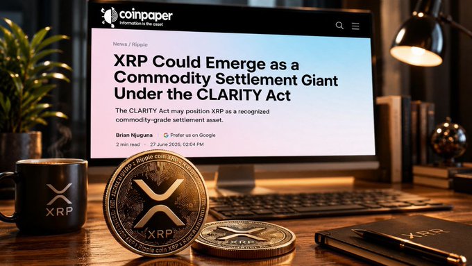 A computer monitor displays a CoinPaper article titled "XRP Could Emerge as a Commodity Settlement Giant Under the CLARITY Act," with XRP-branded coins and a coffee mug arranged on a desk in the foreground, visually reinforcing the article's theme of XRP's potential regulatory breakthrough and growing institutional appeal.