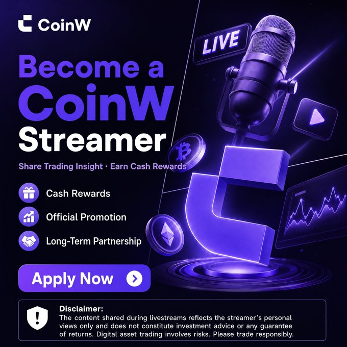 A CoinW promotional graphic invites users to "Become a CoinW Streamer" by sharing trading insights to earn cash rewards, official promotion, and long-term partnerships, featuring a 3D microphone, Bitcoin and Ethereum icons, and a live trading chart—directly supporting the post's call for traders to showcase their strategies on CoinW Live and apply via the link.