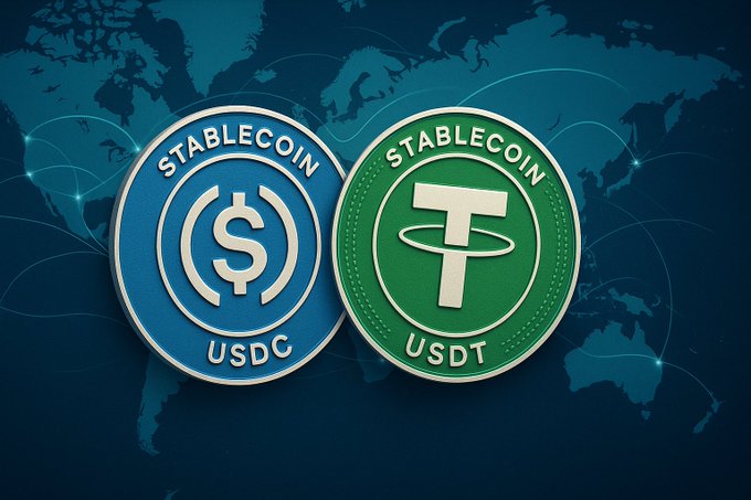 A graphic displaying two stablecoin tokens, USDC (blue) and USDT (green), set against a dark world map background with network connection lines.