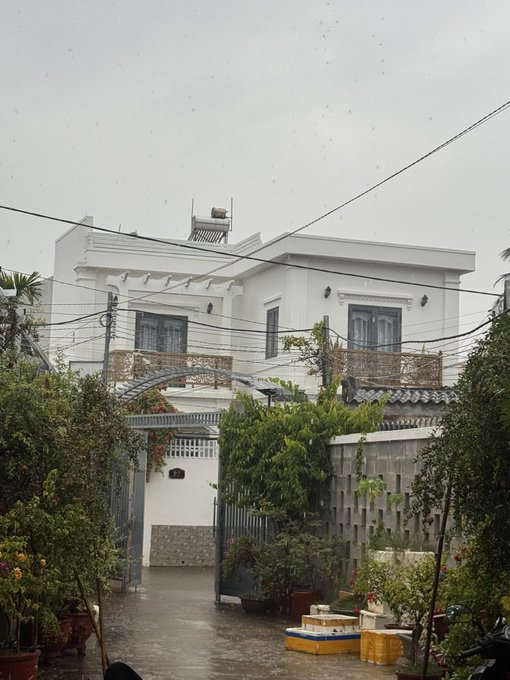 A white two-story residential house with a tiled roof and balcony, viewed through a metal gate surrounded by potted plants and tangled overhead power lines on an overcast day.