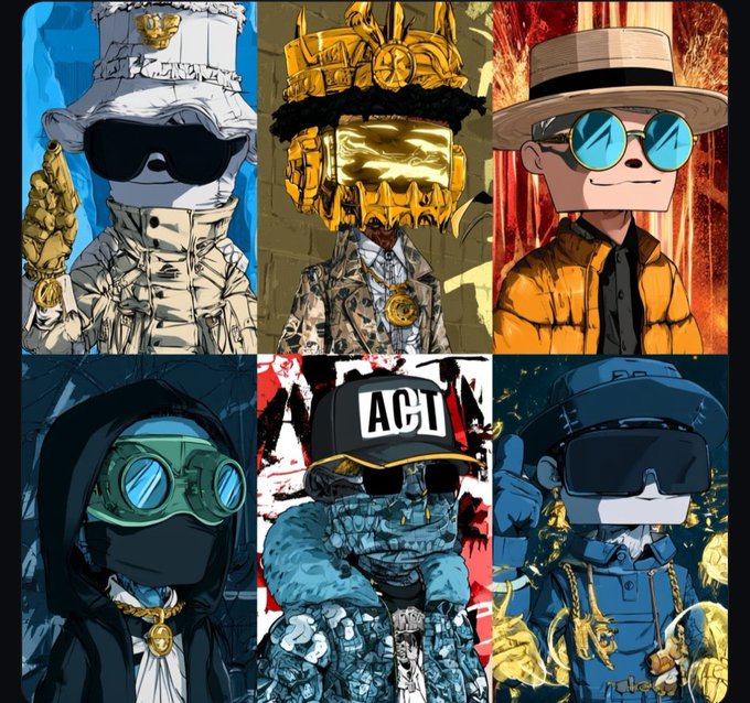 A grid of six stylized cartoon characters wearing distinctive streetwear, including gold masks, sunglasses, a puffy jacket, a green gas mask, an 'ACP' cap, and a VR headset, rendered in a vibrant anime/graphic art style.