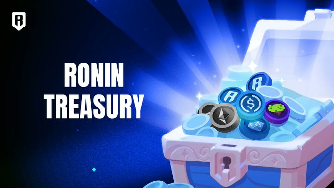 A promotional graphic titled "RONIN TREASURY" featuring an overflowing chest filled with branded RON tokens and crypto coins, symbolizing the staking rewards flowing back into the Ronin ecosystem, with the first tranche of 16,234,252 RON highlighted for October distribution.