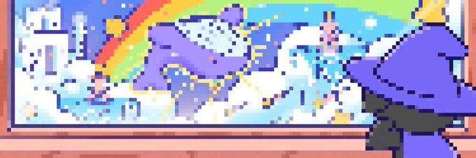 A pixel art image shows a wizard character with a blue pointed hat and yellow star standing before a window, gazing at a magical scene featuring a rainbow, clouds, a castle, and a flying figure. The artwork aligns with the post's promotion of a free NFT mint from @FurNadsNFTs, suggesting it may be a sample or themed piece from their collection.