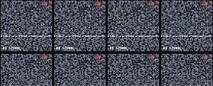 A grid of eight identical frames of television static, each labeled 'NO SIGNAL' with 'No. 1' in red at the top.