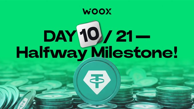 The image, branded with the "WOOX" logo on a green background, announces "DAY 10 / 21 – Halfway Milestone!" while showcasing a Tether (USDT) token coin atop stacks of digital currency, marking the midpoint of a 21-day trading or staking challenge and highlighting a daily reward opportunity for the platform's community.