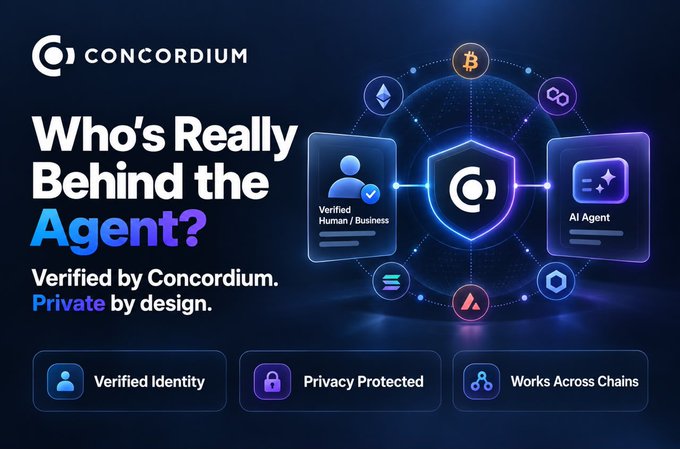 A promotional graphic for 'Concordium' asking 'Who's Really Behind the Agent?' featuring Verified Identity, Privacy Protected, and Works Across Chains features.