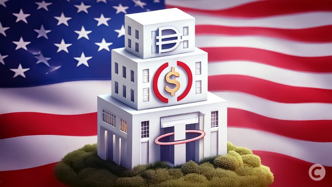 A tiered white building displays the Euro, Dollar, and Bitcoin symbols against a waving American flag backdrop, symbolizing the intersection of U.S. monetary policy and cryptocurrency regulation as the Federal Reserve implements the GENIUS Act's new stablecoin rules on reserves, capital, and risk management.
