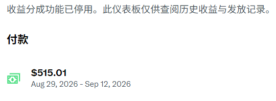A dashboard screenshot titled "付款" (Payments) shows a single payment of **$515.01** covering the period **Aug 29, 2026 – Sep 12, 2026**, with a note at the top stating that the revenue sharing feature has been discontinued and the panel now only displays historical earnings and payout records. This corresponds to the user's post, confirming they received a final $515.01 payout from Twitter's old revenue sharing program.