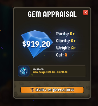A "GEM APPRAISAL" screen from a video game shows an Uncut Gem valued at $919.20 with Purity A+, Clarity A+, Weight A+, and Cut A, offering a button to "CLAIM 9,192 ($919.20) KEYS".