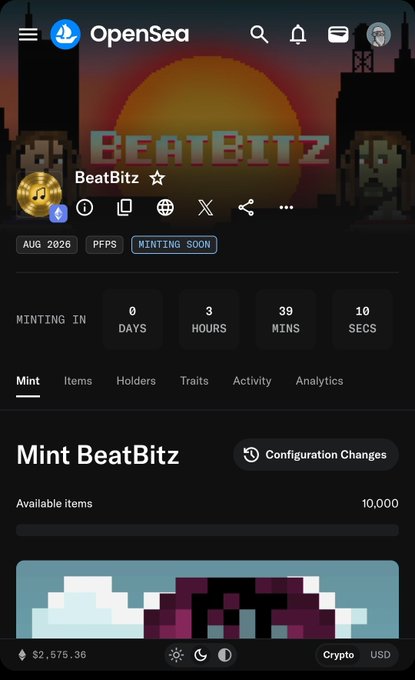 An OpenSea mobile page displays the 'BeatBitz' NFT collection, indicating a minting countdown of 0 days, 3 hours, 39 minutes, and 10 seconds.