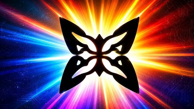 A symmetrical, kaleidoscopic image featuring a butterfly-like mask design in black with bright, radiating light rays in orange, blue, and purple colors.