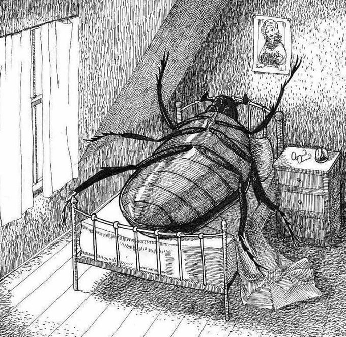A black and white illustration of a giant beetle-like creature with long antennae lying in a bed, with a framed portrait on the wall and a small nightstand nearby.