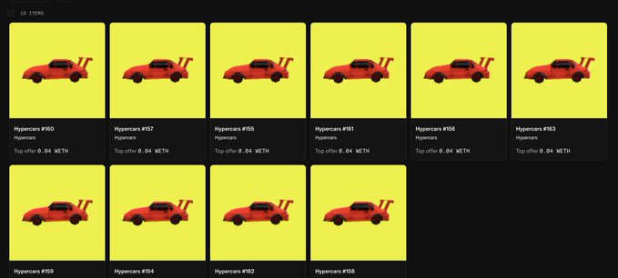 A digital marketplace interface displaying multiple listings for 'Hypercars' NFT items, each featuring a red sports car illustration and 'Top offer 0.04 WETH' text.