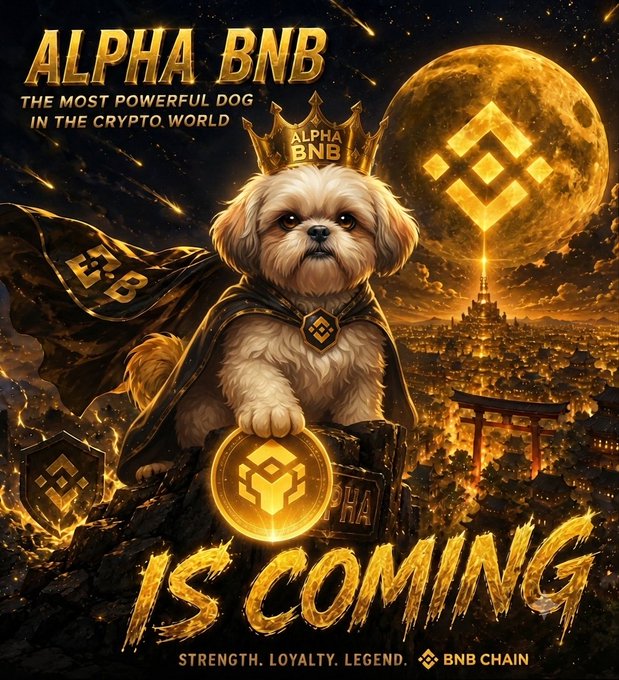 A regal Shih Tzu dog wearing a crown sits atop a rocky outcrop holding a glowing BNB coin, with a large moon bearing the Binance logo and a fantasy cityscape in the background. Bold golden text reads "ALPHA BNB – THE MOST POWERFUL DOG IN THE CRYPTO WORLD" and "IS COMING," tying directly to the #BNB and SHiH (Shih Tzu) hashtags by promoting the BNB Chain-themed meme coin mascot.