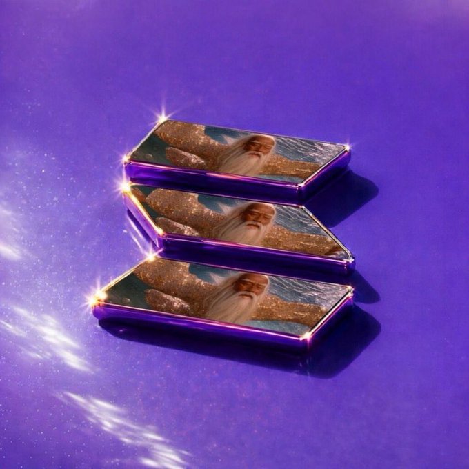A stack of three glossy, purple-bordered cards or digital tiles featuring a wizard character with a long white beard and sunglasses rests on a sparkly purple surface, matching the $WIZARD token theme highlighted in the post. The luxurious presentation and glittery background create a magical aesthetic that complements the "Day 119 of Bagworking $WIZARD" caption.
