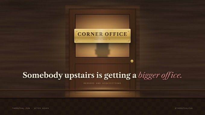 A dark wooden door with a brass "CORNER OFFICE" plaque, overlaid with the caption "Somebody upstairs is getting a bigger office," labeled as "MERGERS AND ACQUISITIONS."