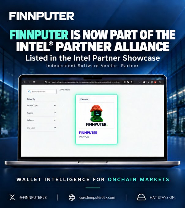 A promotional graphic announces 'FINNPUTER IS NOW PART OF THE INTEL® PARTNER ALLIANCE' listed in the Intel Partner Showcase. It shows a laptop displaying the partner page and reads 'WALLET INTELLIGENCE FOR ONCHAIN MARKETS' with the handle '@FINNPUTER28'.