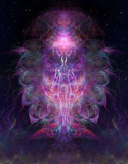 A symmetrical, psychedelic digital artwork in shades of purple, pink, and teal features a central figure surrounded by swirling, ethereal shapes against a dark starry background.