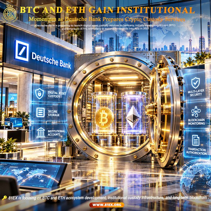 A Deutsche Bank vault showcases glowing Bitcoin and Ethereum symbols behind a massive golden vault door, flanked by digital displays highlighting features like "Digital Asset Custody," "Secure Storage," "Multi-Layer Security," and "Blockchain Monitoring." The image visually reinforces the article's theme of institutional crypto custody expansion, with the headline "BTC and ETH Gain Institutional Momentum" tying the bank's move into Bitcoin and Ethereum services to the broader trend of mainstream financial adoption.