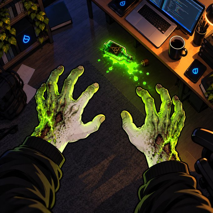 An illustrated first-person view of zombie-like hands glowing green in front of a desk with a laptop and a glowing green bottle.