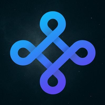 A glowing blue and purple infinity-style knot or trefoil logo design floats against a dark starry space background.