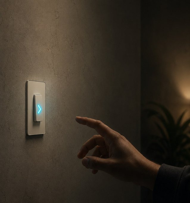 A hand reaches toward a modern wall switch glowing with a blue arrow icon, set against a dimly lit, textured wall with a plant softly illuminated in the background. The image visually represents the post's message—symbolizing a simple, intuitive action (a tap) as the gateway to entering the onchain world.