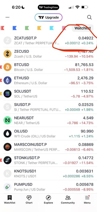 A TradingView mobile app screenshot showing a watchlist with cryptocurrency prices, with ZECUSDT circled in red, displaying pairs like ZCATUSDT.P, BTCUSD, ETHUSD, SOLUSDT, and NEARUSDT with various percentage changes.