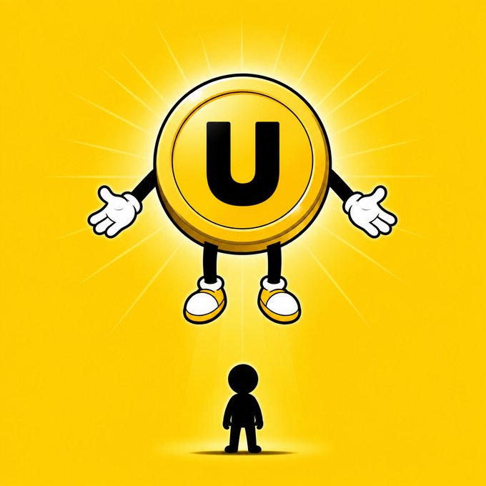 A glowing gold coin featuring the letter "U" with cartoon arms and shoes towers over a small silhouetted figure, visually representing the post's claim that "1 Useless coin can change your life." The dramatic size contrast between the coin and the person suggests the outsized impact the seemingly worthless cryptocurrency may have.