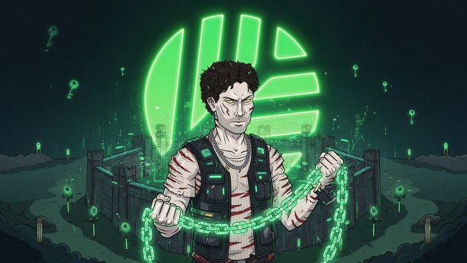 A cartoon-style illustration depicts a scarred character in a tactical vest holding a glowing green chain in front of a green neon logo and a digital cityscape.